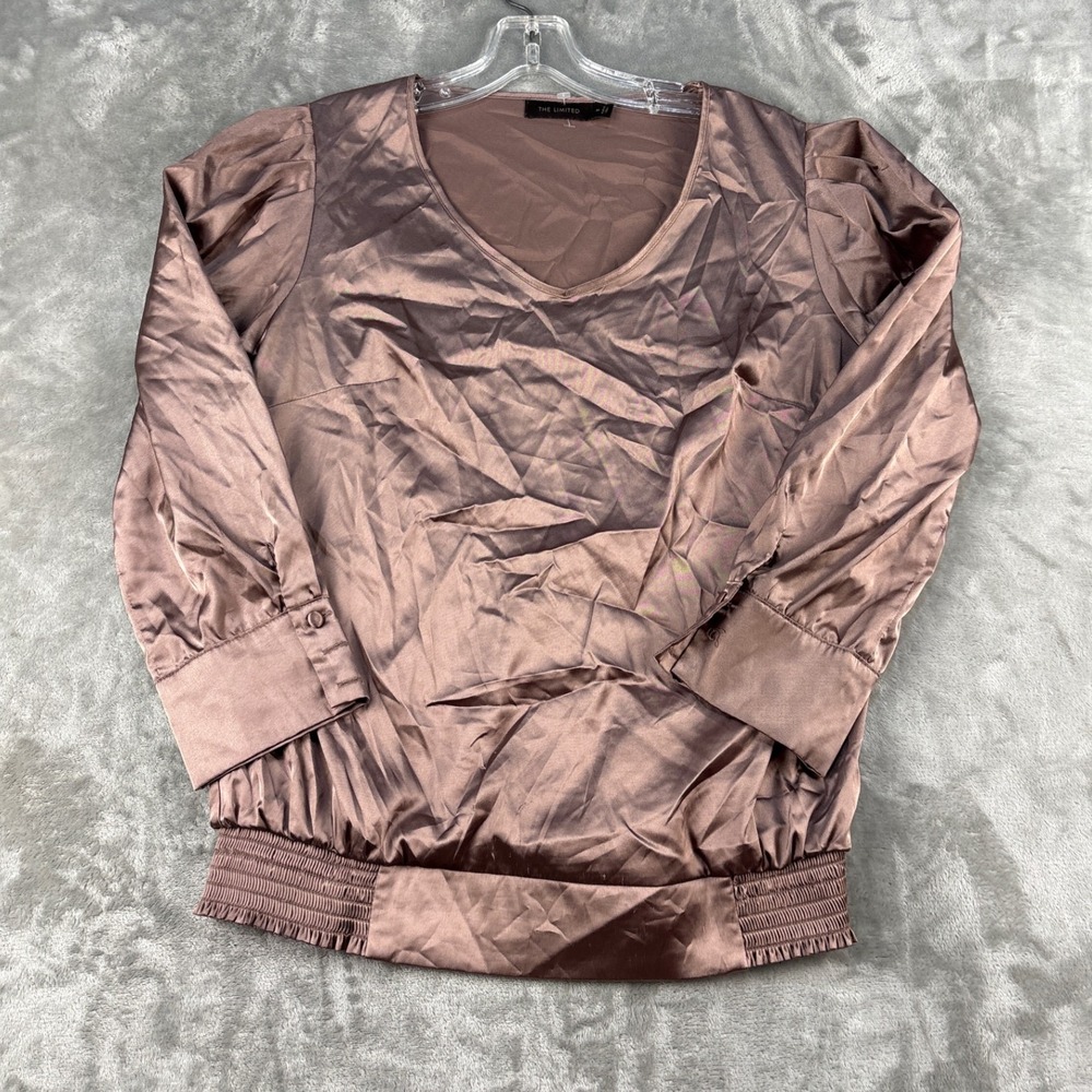 The Limited Mauve Satin V-Neck Blouson Top 3/4 Sleeve Smocked Hem Medium‎